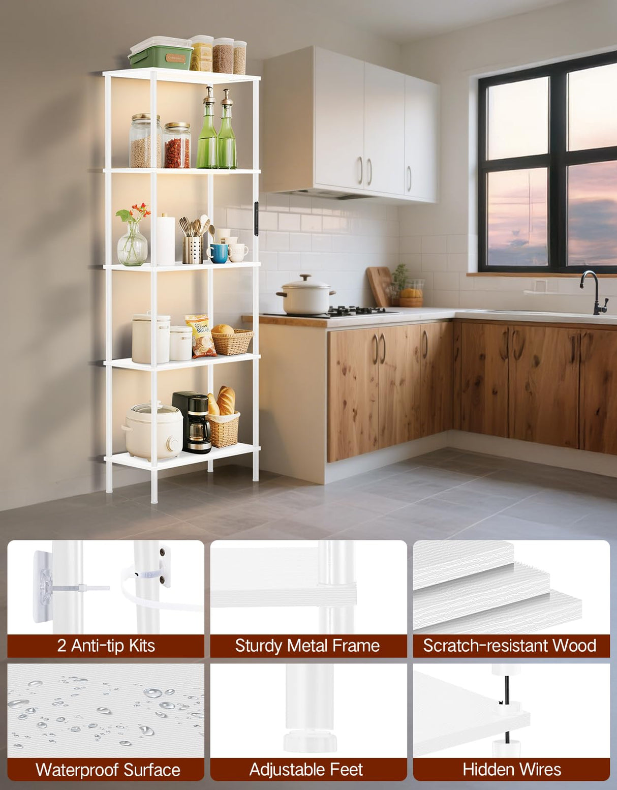 OUTONLIFE 5 Tier Bookshelf with LED Light, Dimmable Bookcase with Touch & Remote Control, 3 Color Temperatures, Tall Modern Display Standing Shelf for Living Room, Bedroom, Home Office (White) OUTONLIFE