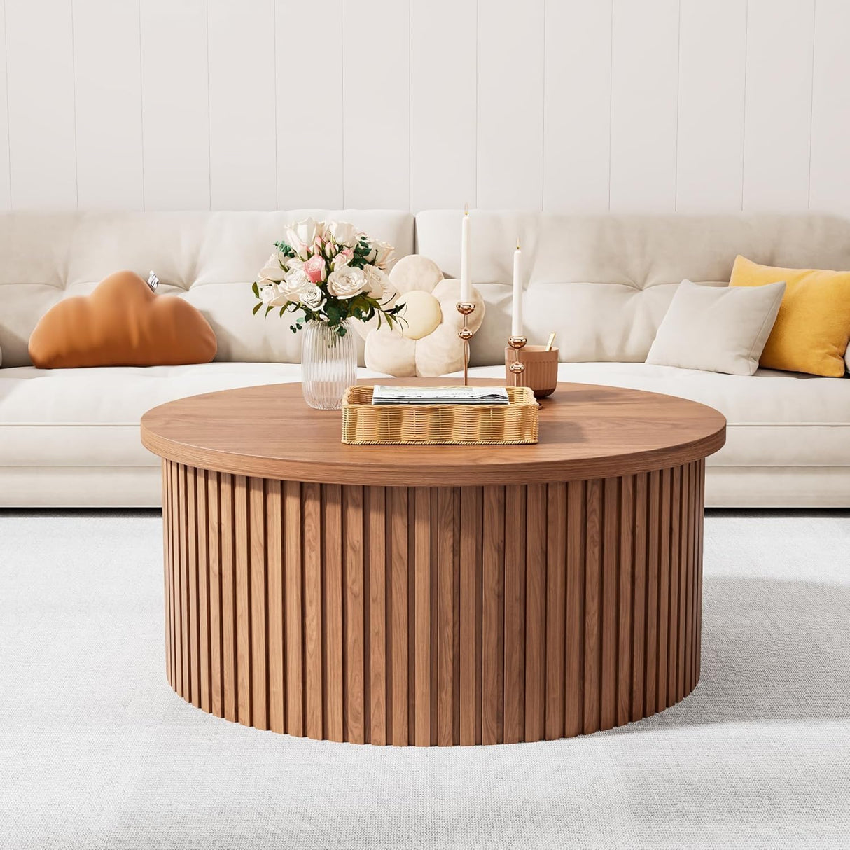 Fsbecl Fluted Lift Top Coffee Table with Hidden Storage, 31.6 Inch Round Coffee Tables for Living Room, Circle Wood Center Tables for Home (Walnut) Fsbecl