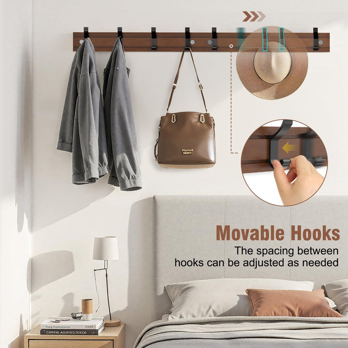 HAVEDAWN Adjustable Coat Rack Wall Mount, Coat Hooks with 8 Sliding Dual-Tier Hooks, Heavy Duty Hanger for Jackets, Hats, Solid Pine Wood & Metal, Farmhouse Chic Entryway Organizer, Easy Install HAVEDAWN