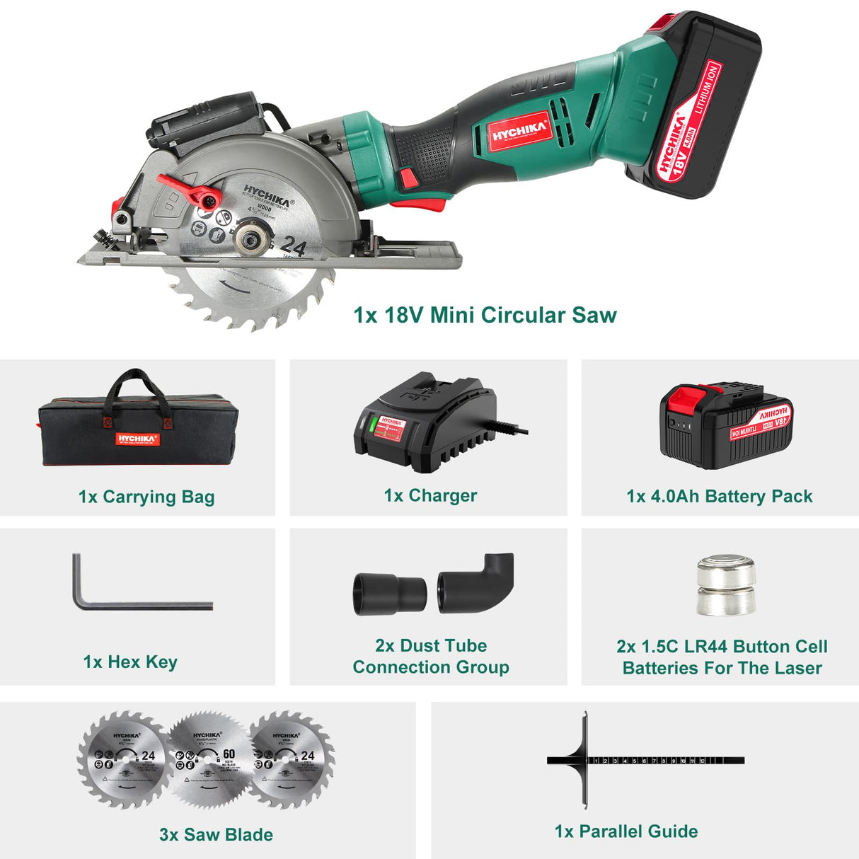 HYCHIKA Cordless Circular Saw, 18V Mini Circular Saw with 4.0Ah Battery, 3 Blades(4-1/2",4-9/10"), 3500RPM Max Cuting Depth:90°(48mm)/45°(32mm), Compact Circular Saw for Wood, Plastic and Soft Metal HYCHIKA BETTER TOOLS FOR BETTER LIFE