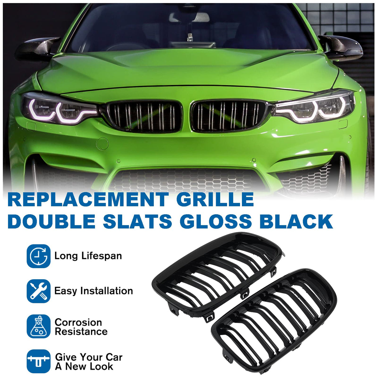 BILLDIO F30 Grille - Front Kidney Grille Double Slats Glossy Black Compatible with 2012-2018 BMW 3 series F30 F31 320i 328i 328d 330e 330i 335i 340i 328i,BMW F30 Black Kidney Grille BILLDIO
