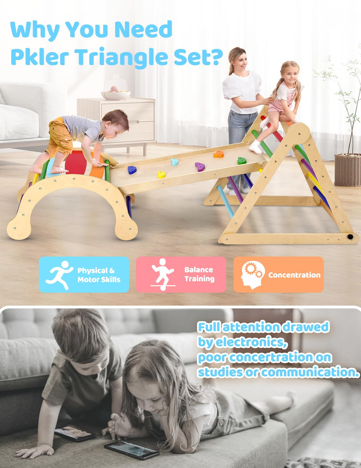 YOLEO Pikler Triangle Set, Foldable 7-in-1 Montessori Climbing Set Fun Baby Pickler-3 Piece Climbing Jungle Gym and Indoor Playground Climbing Toys for Toddlers 1-3 Inside (Rainbow, Advanced Version) YOLEO