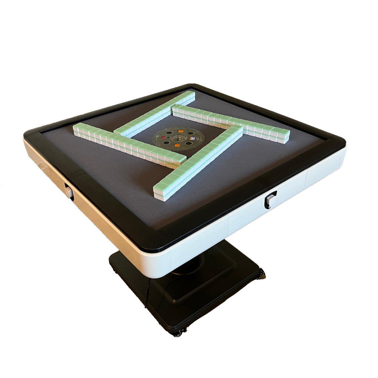 Sifang City (42mm/1.6inch) Chinese Style Folding Automatic Mahjong Table, American 110V, 8ft Cable, Includes 2 Dices, Glass Table Cover, 2 Sets Jade Style 144 Tiles (42mm White) 四方城42号玉石牌可折叠麻将机 SXTL