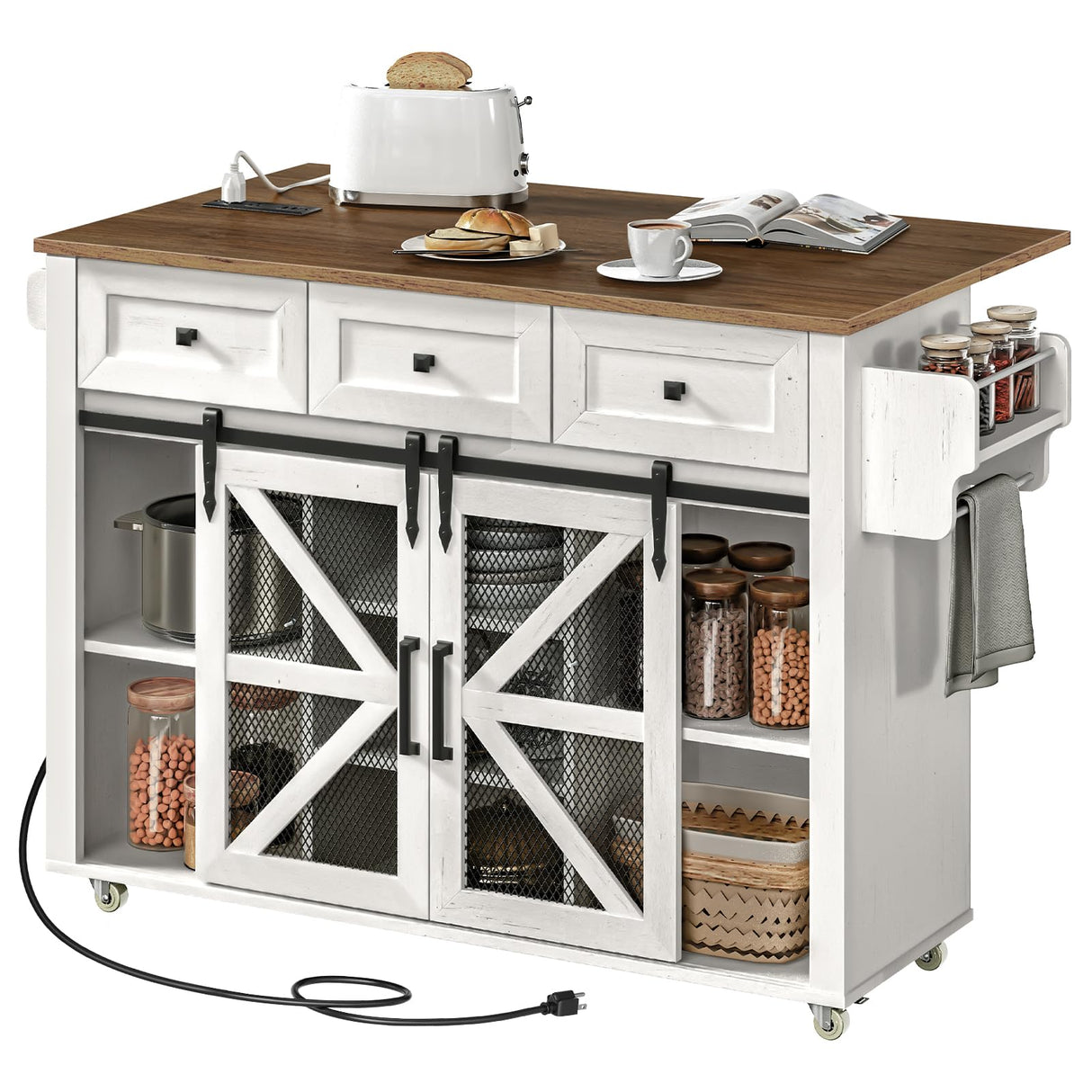 RALGEND Kitchen Island with Storage, Kitchen Cart with Charging Station, Rolling Kitchen Island Table with Drop-Leaf, 3 Drawers, Barn Doors, Towel Rack and Spice Rack, White and Walnut RALGEND