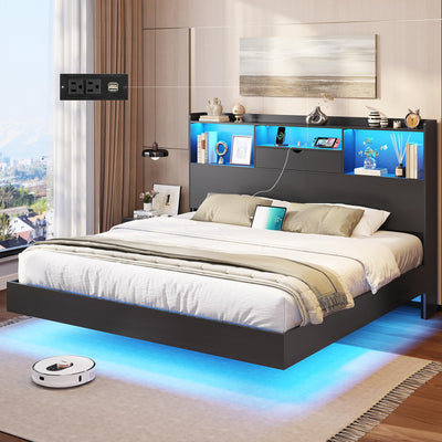 DICTAC King Floating Bed Frame with LED Lights and Headboard Storage, Visual Floating Bed with Charing Station, King Size Metal Platform Bed with Stable Structure, No Box Spring Need, Easy Assembly