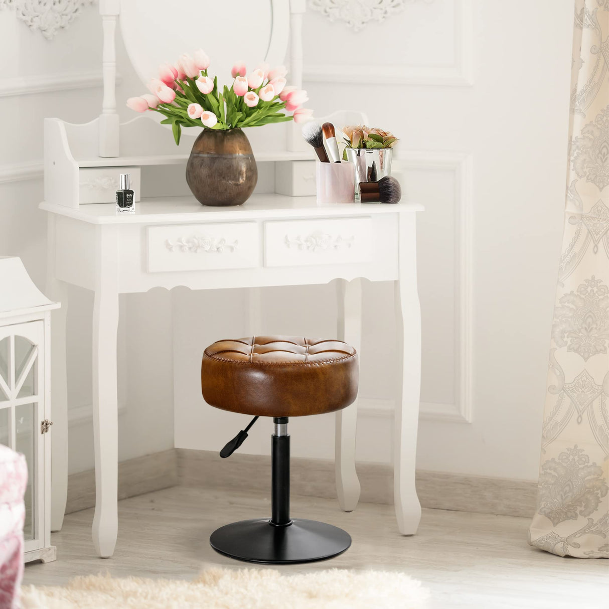 LUE BONA Adjustable Swivel Vanity Chair, Brown Faux Leather Stool for Makeup Room, Small for Bathroom, Living Room LUE BONA