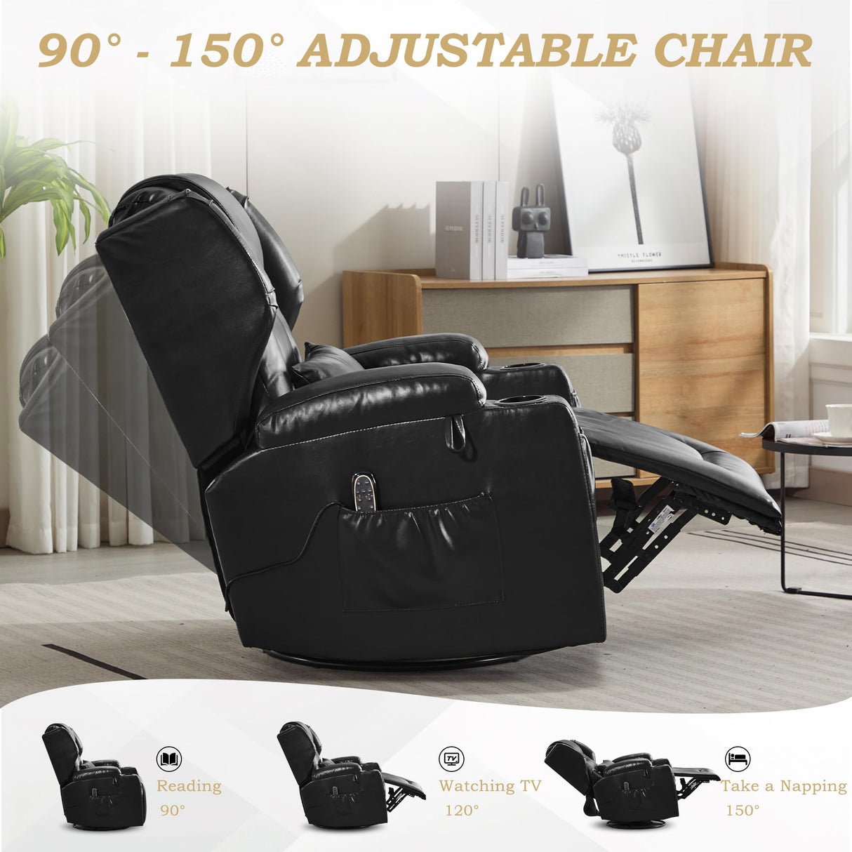 DRMBOOK Leather Rocker Recliner Chairs for Adults, 360° Swivel Rocking Theater Seating with Heat and Massage, Oversized Single Sofa with Led Lights for Living Room (Black,Single Chair) DRMBOOK