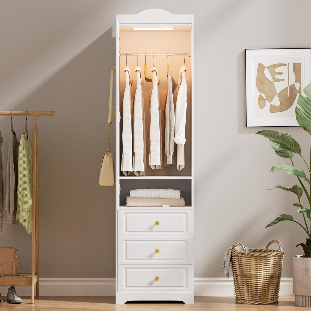 JanflyHome Armoire Wardrobe Closet, Updated White Bedroom Armoires Cabinet with Mirror Door and 3 Drawers, 15.7" W/69.5" H Clothing Storage Cabinet with Hanging Rod & Sensor Light for Bedroom-Right JanflyHome