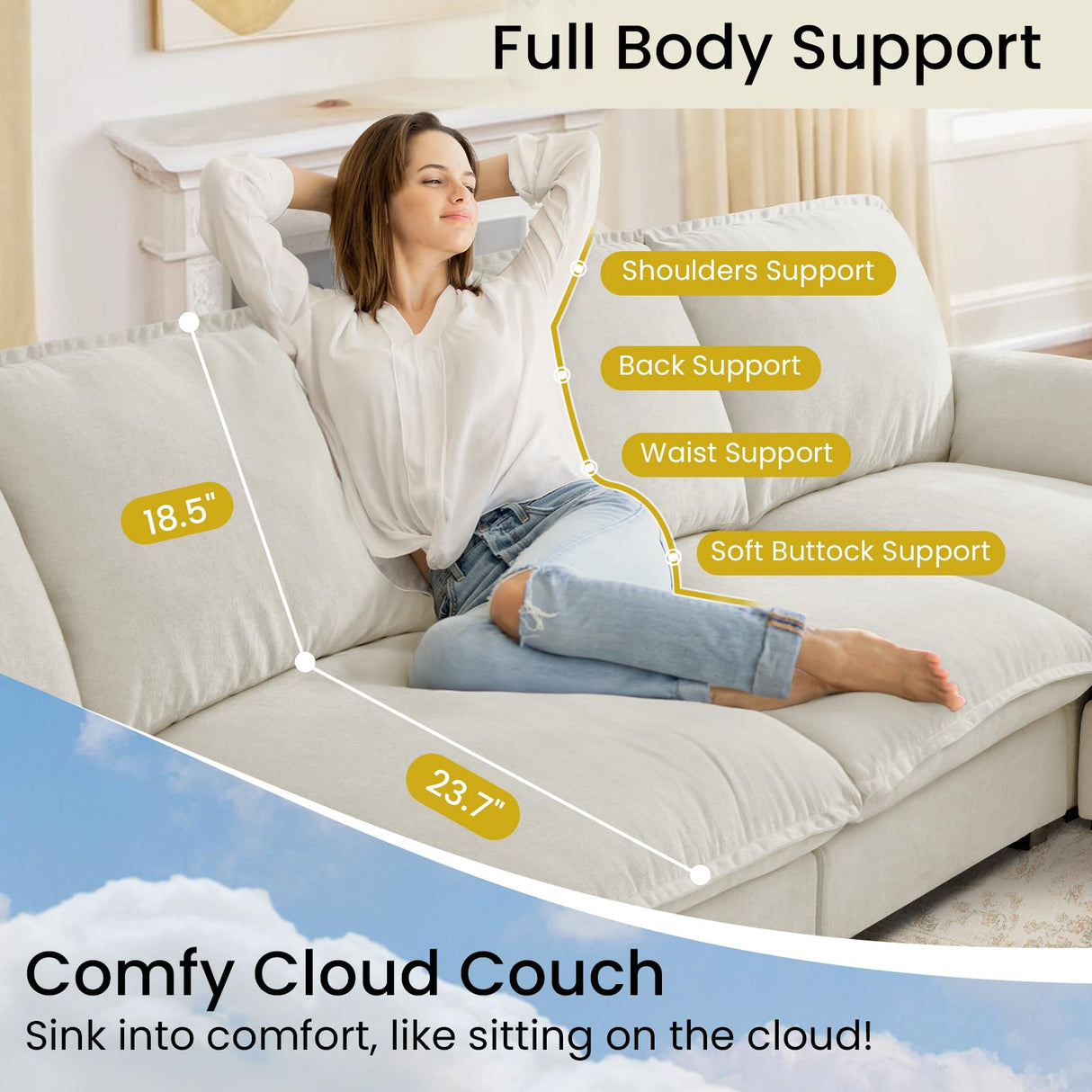 HALLYBEE Modular Sectional Sofa Deep Seat Cloud Couch with Reversible Chaise L Shaped Couch with Padded Armrests Chenille White Sectional Couches for Living Room Apartment Office HALLYBEE