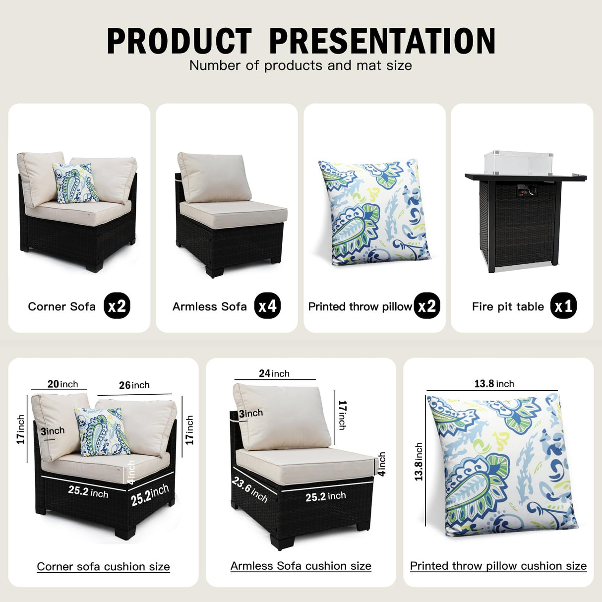 Ophelian 8-Piece Patio Furniture Rattan Wicker Outdoor Set Sectional Sofa with 28" Gas Fire Pit Table and Cushions, Conversation Set for Backyard, Patio, Garden, Brown/Beige Ophelian