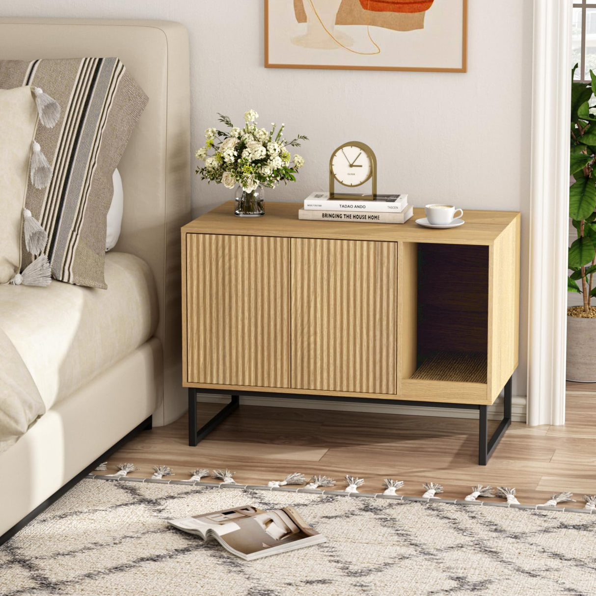 Cat Litter Box Enclosure, Fluted Hidden Litter Box Furniture with Scratch Pad and Metal Legs, Modern Enclosed Cat Cabinet, 31.5 x 17.7 x 21.7 Inches Indoor Pet House for Living Room, Washroom, Natural FiveWillowise