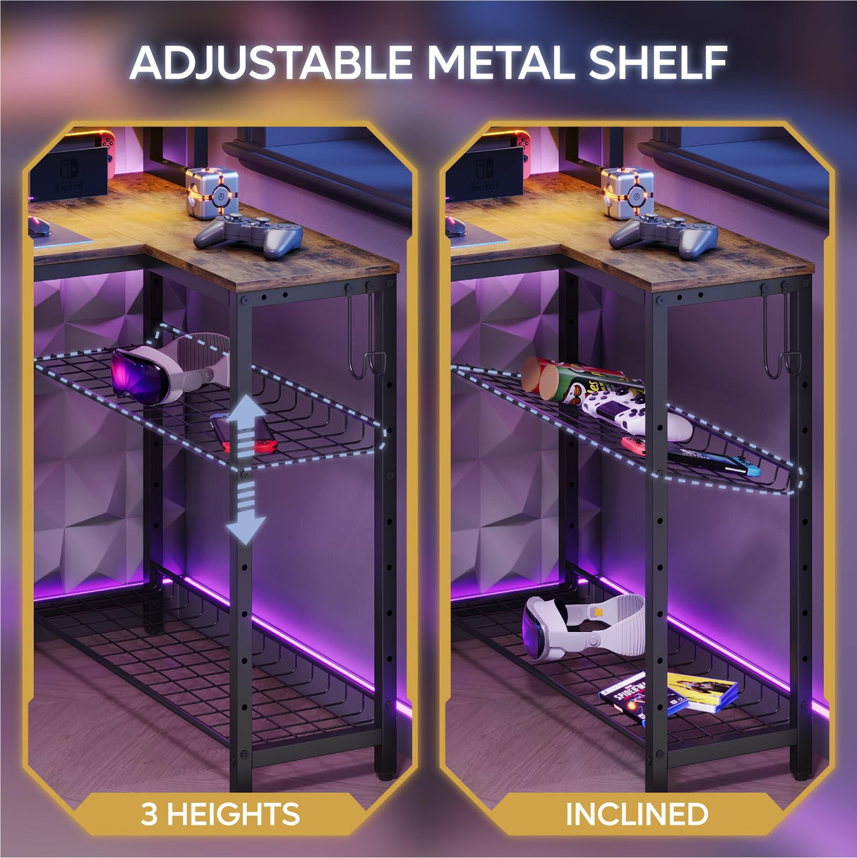 Bestier 71.5 inch Computer Desk with Power Outlets, LED Large Home Office Desk with Monitor Stand, L Shaped Corner Desk with Printer Stand Adjustable Shelf, Cup Holder & Headset Hooks, Brown Bestier