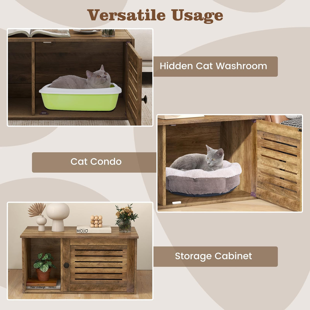 Giantex Cat Litter Box Enclosure - Litter Box Hidden Furniture with Louvered Door, Front Entry, Storage Cabinet, Farmhouse Wooden Cat Washroom Pet House Coffee Table, Fit Most of Litter Box, Brown Giantex