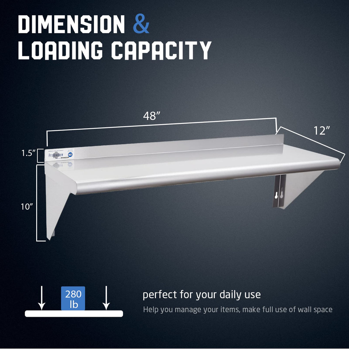 Profeeshaw NSF Stainless Steel Shelf 12” x 48”, 280 lb Commercial Shelves Wall Mounted Metal Shelving with Backsplash and 2 Brackets for Restaurant, Bar, Utility Room, Kitchen and Garage Profeeshaw