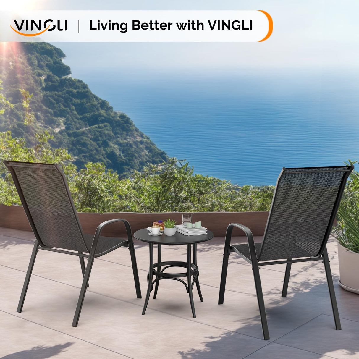 VINGLI Patio Chairs Set of 4 – Stackable Outdoor Dining Chairs with Comfortable Sling High Back Chairs and Armrests for Lawn, Poolside, Courtyard, Balcony, Garden, Black VINGLI