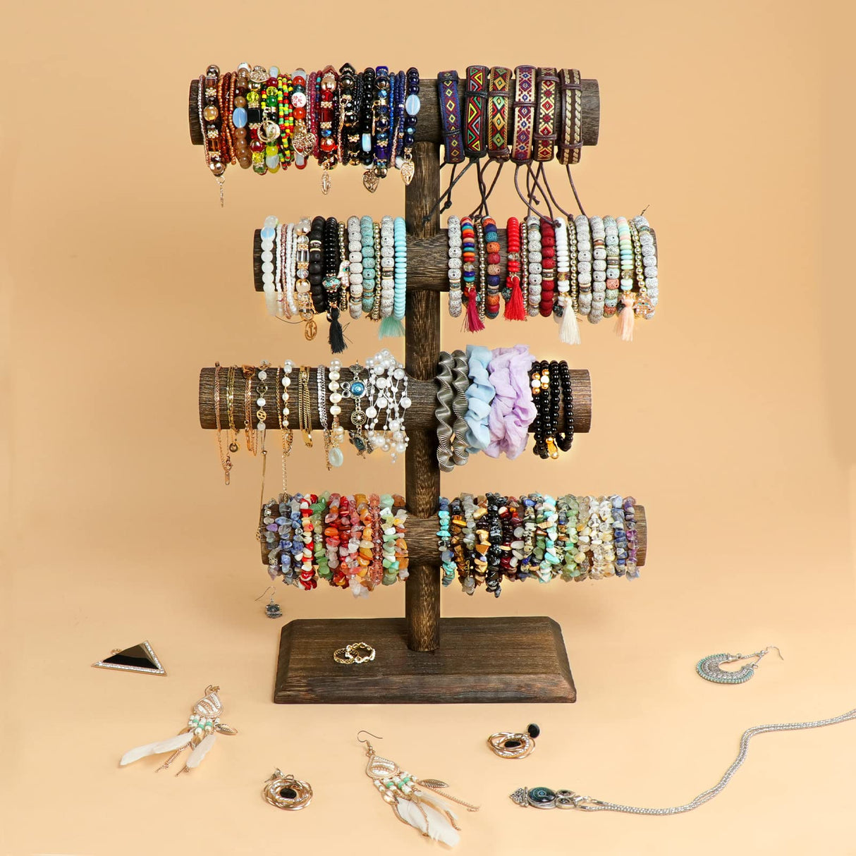 LadyRosian 4 Tier Wooden Display Jewelry Accessory Stand Bracelet Holder Bangle Watch Necklace Storage Stand Organizer, Brown LadyRosian