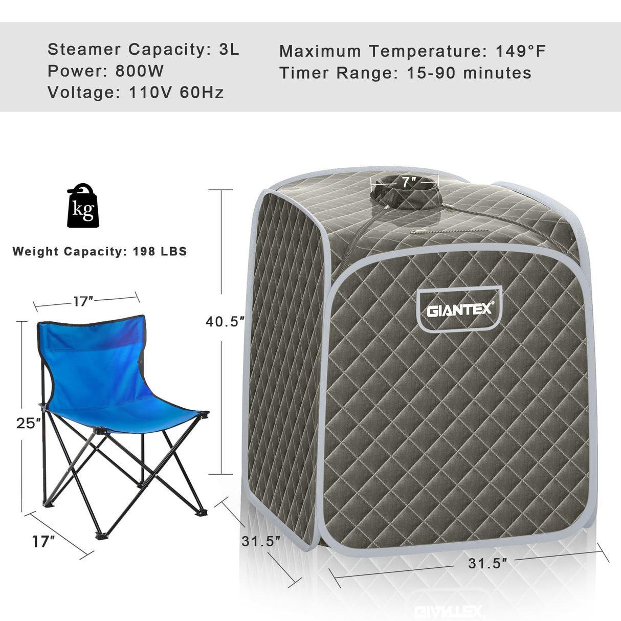 Giantex Portable Sauna, Sauna Box 3L Steam Box Remote Control, 9 Adjustable Temperature & Timer, Foot Roller, Mat & Foldable Chair, Steam Sauna for Single Person, Personal Sauna Tent for Home, Gray Giantex