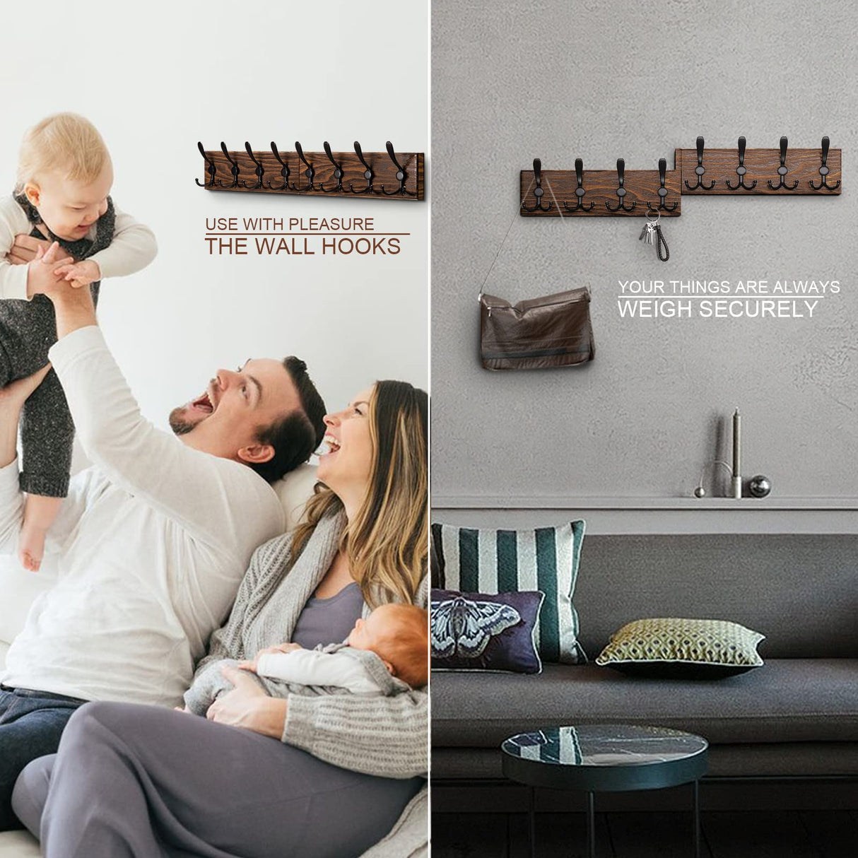 U-Chain Wooden Wall Coat Rack with 8 Tri Metal Hooks for Hanging Coats, Backpacks and More - 28 Inch Wall Mounted for Mudroom, Farmhouse Entryway U-Chain