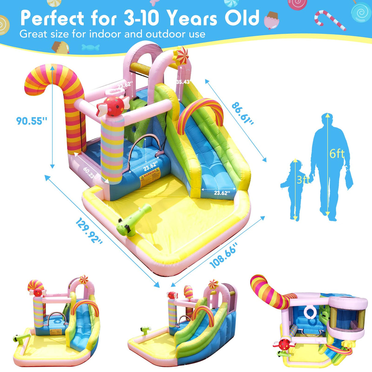 NBSPORT Inflatable Bounce House Water Slide, 6 in 1 Sweet Candy Water Park, Wet Dry Combo Bouncy Castle with 450W Blower, Splash Pool, Water Slide for Kids and Adults Backyard Party Gifts NBSPORT