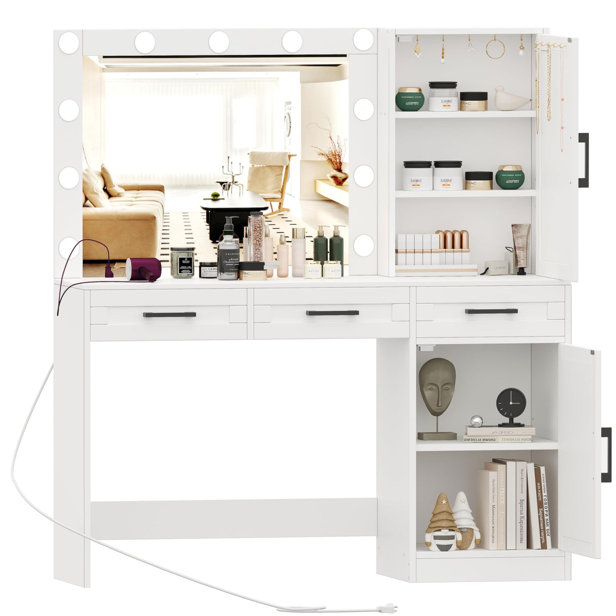 Rovaurx Vanity Table with Mirror & Lights, Farmhouse Makeup Vanity with 10 Necklace Hooks, Vanity Desk with Charging Station, 3 Color Lighting Modes, Door Cabinet, White RSZT112W Rovaurx