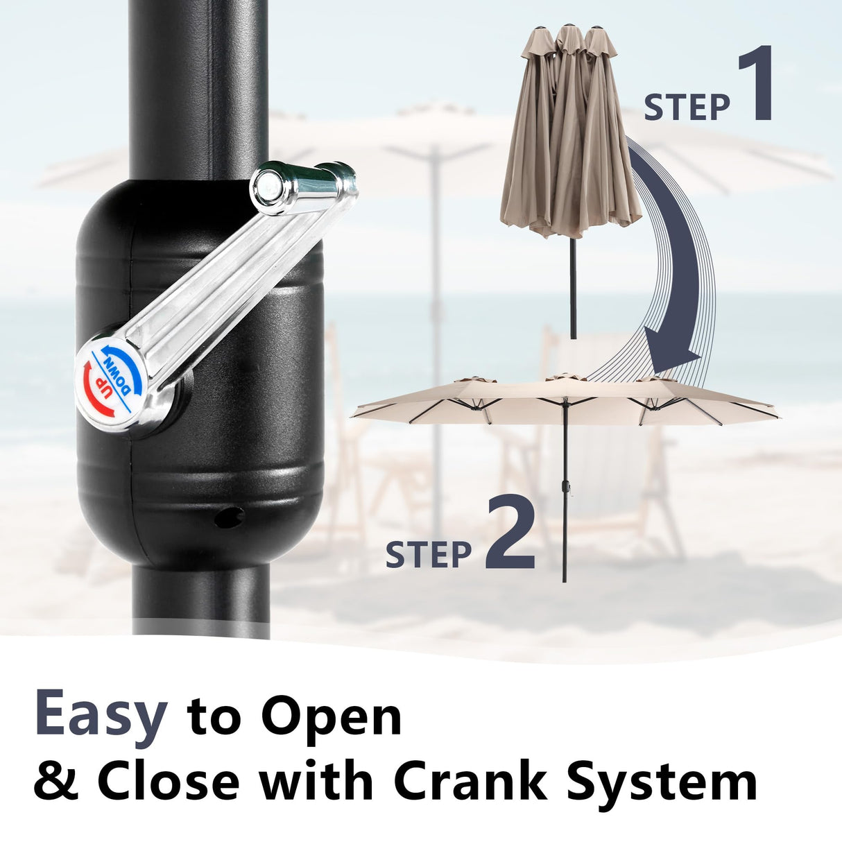 STLVUEO 15ft Double-Sided Large Patio Umbrella, Outdoor Rectangular Market Umbrella with Crank Handle for Poolside, Garden, Lawn, and Deck (Khaki) STLVUEO