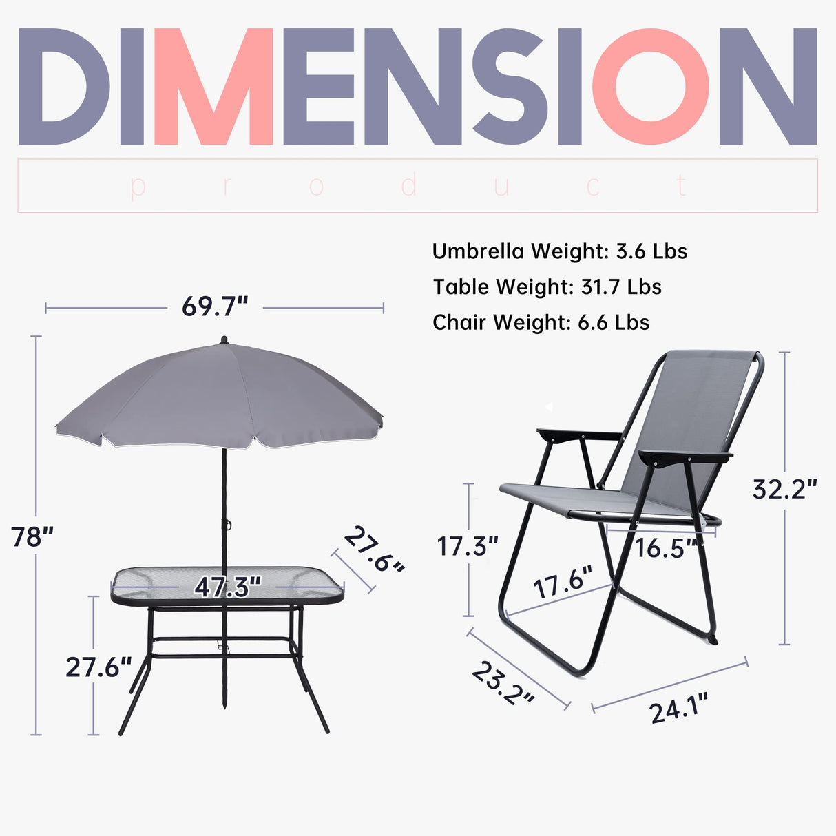 JOYTIO Folding Patio Dining Set, Garden Patio Furniture Set, 8-Piece Outdoor Dining Set with Tilted Removable Umbrella, 6 Folding Chairs, and 1 Rectangular Tempered Glass Table – Grey JOYTIO