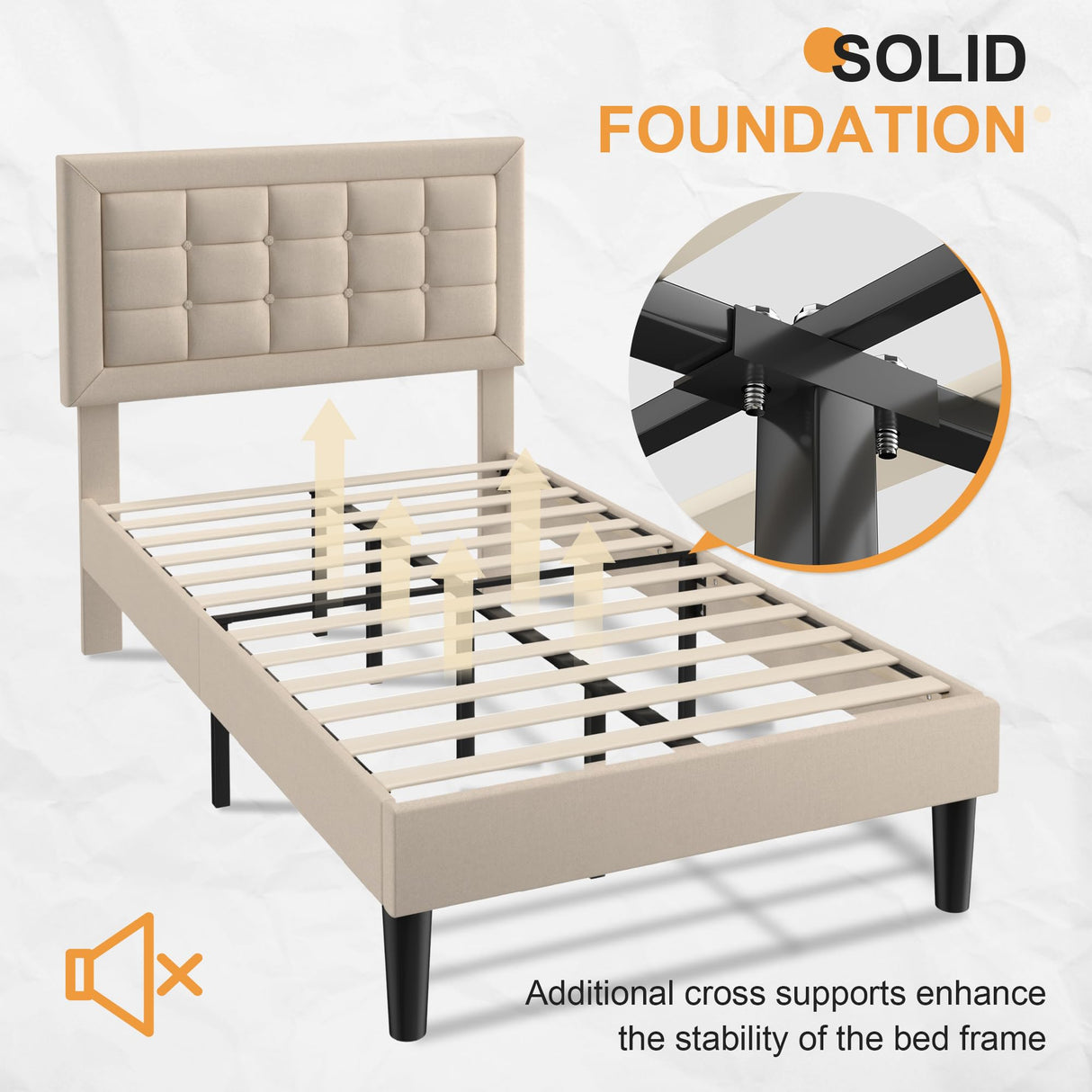 VECELO Twin Size Bed Frame with Adjustable Headboard, Upholstered Button Tufted Platform Bedframe with Wood Slats Support, No Box Spring Needed, Beige VECELO