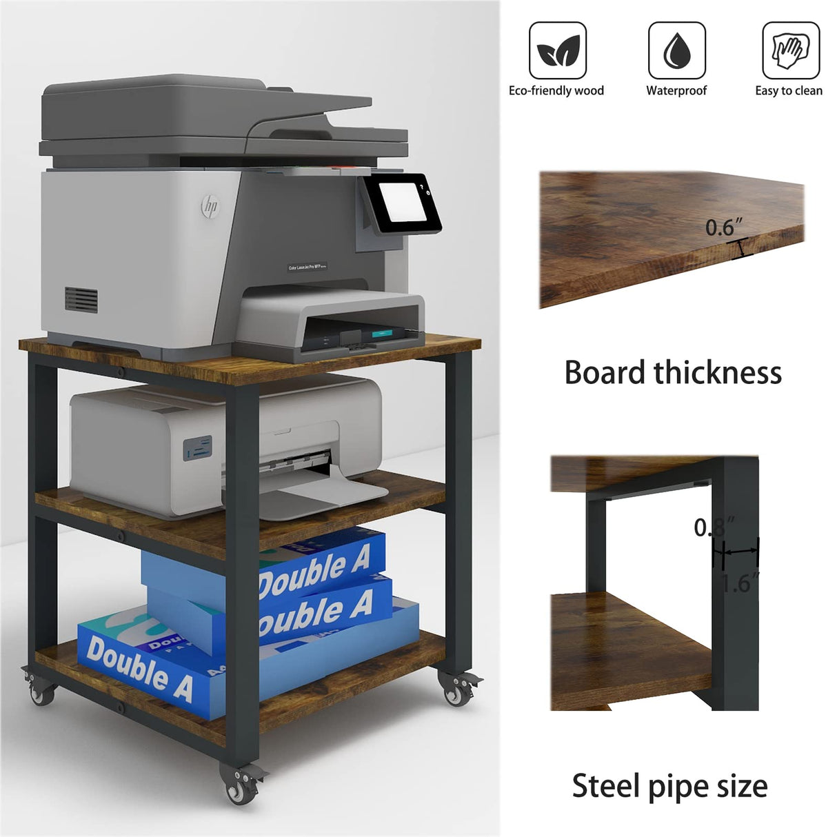 Natwind 3-Tier Laser Printer Cart,19.7''x19.7''x22.6'' Large Machine Stand,Heavy Duty Rolling Table with Storage,Floor-Standing Rack on Wheels,Paper File Organizer Shelf for Home Office (Retro) Natwind