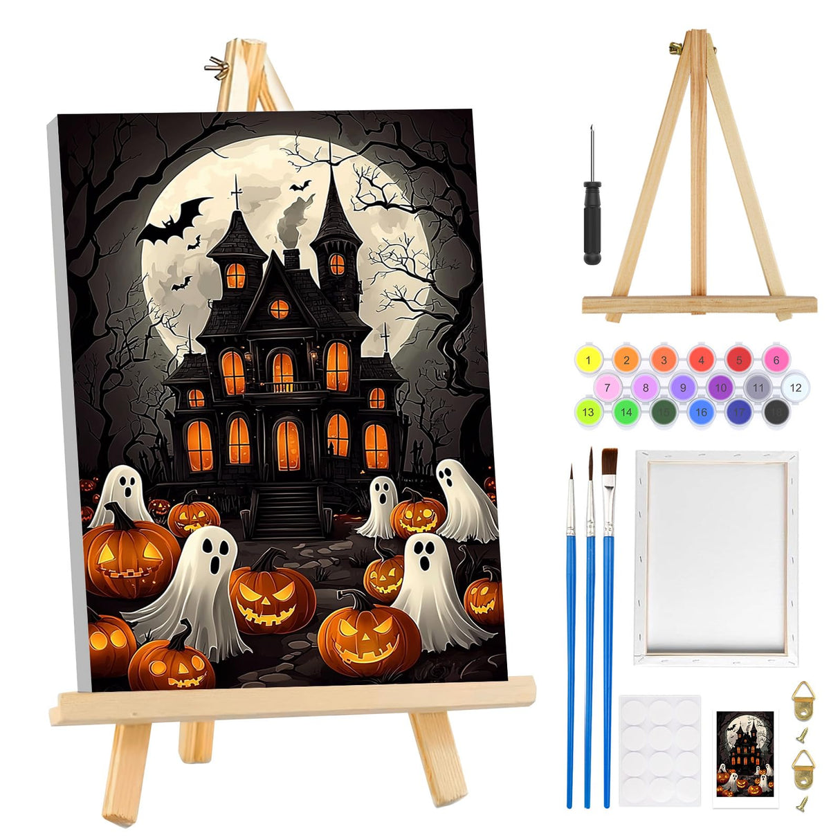 MOGTAA Halloween Paint by Numbers Kit for Adults Beginners with Frame, Ghost Adult Paint by Number Kits on Canvas with Easel, Easy DIY Pumpkin Oil Painting Kits for Home Decor, 8x12in MOGTAA