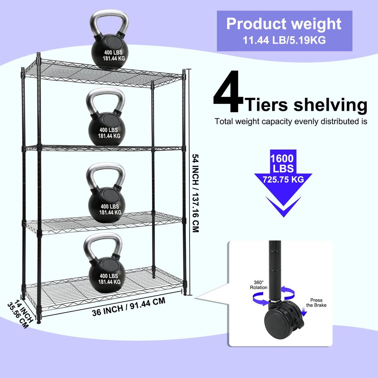 Whitmor 4 Tier Storage Shelving, Heavy Duty with Wheels, Adjustable Steel Organizer Wire Rack, 400 lbs Capacity per Shelf, Max 1600 lbs Total for Garage, Kitchen, Plant, 36" L x 14" W x 54" H, Black Whitmor