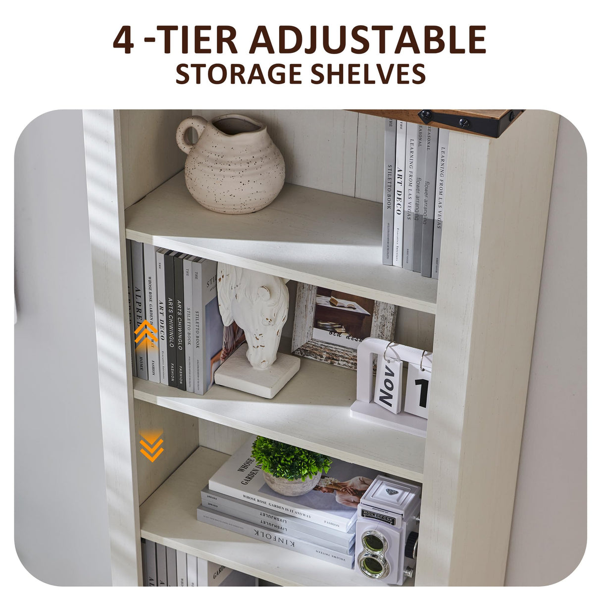 OKD 72'' Tall Bookshelf with Storage, Farmhouse 4 Tier Bookcase with Barn Door, Adjustable Shelves and Drawers, Rustic Wooden Office Bookshelves for Home Bedroom, Living Room, Library Antuique White OKD