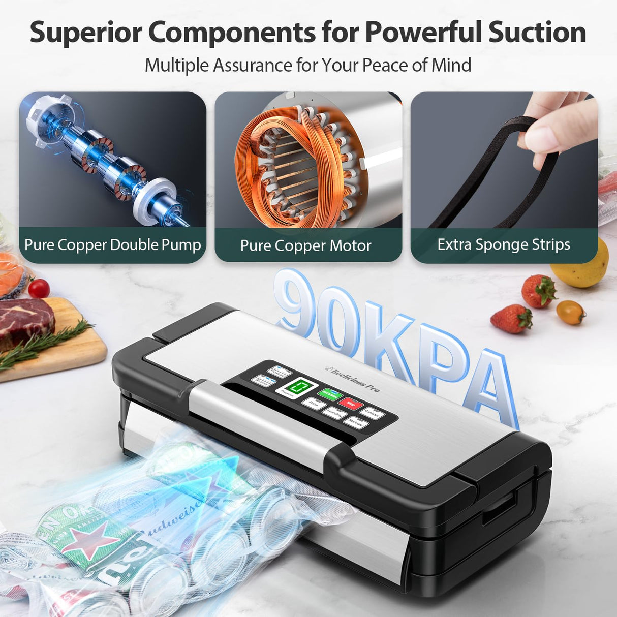 Precision Vacuum Sealer Machine Pro, 2X Seal & 130W Pump Powerful Vacuum Sealer for Food,10-in-1 Functions with Handle Design, Built-in Cutter&Bags Storage&Hose, 2 Bags Rolls, Stainless Steel Beelicious Pro