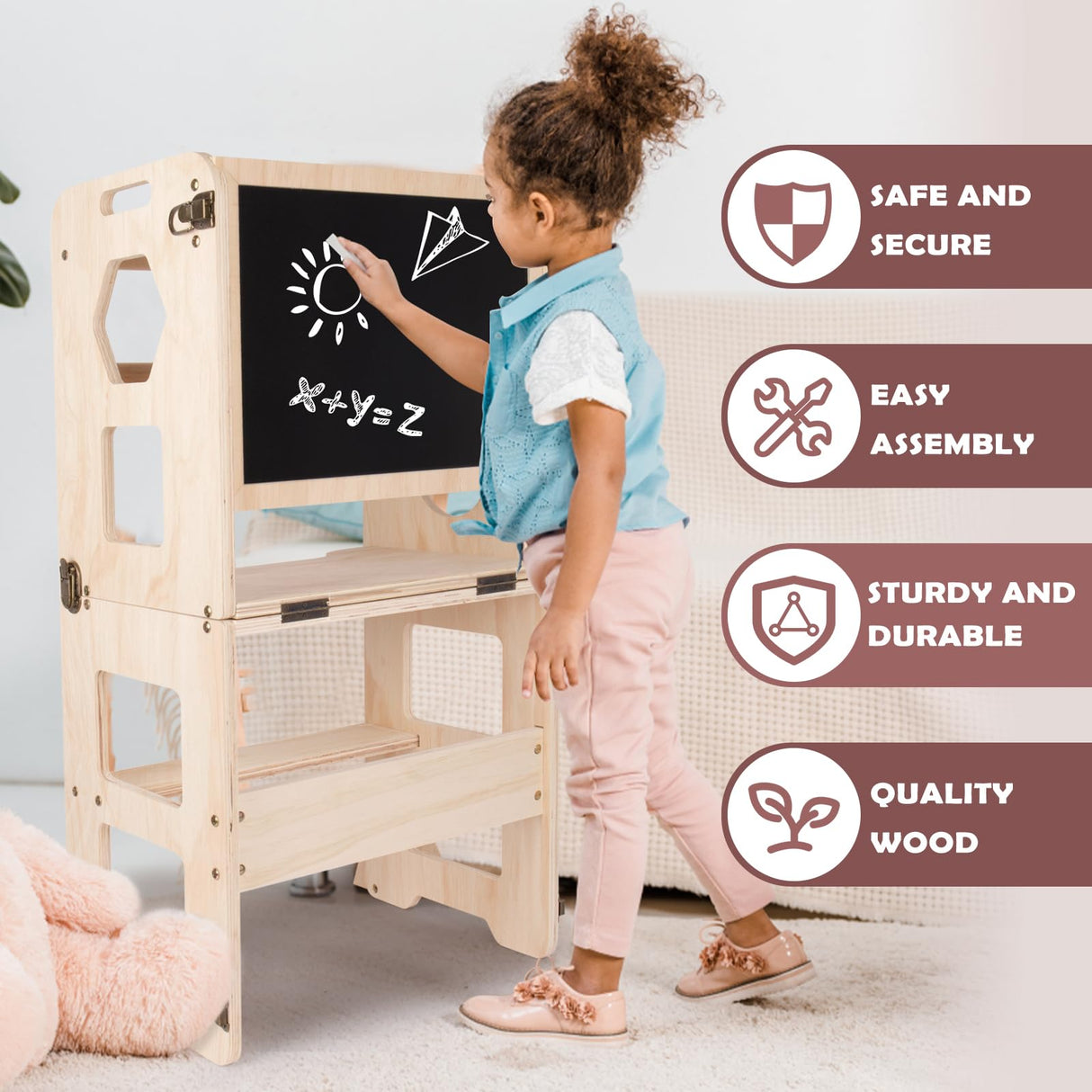 4-in-1 Toddler Kitchen Step Stool, Foldable Learning Standing Tower with Blackboard, Wooden Kitchen Stool Helper for Kids, 1-3 Year Old Boy Girl Gifts TINTECUSA