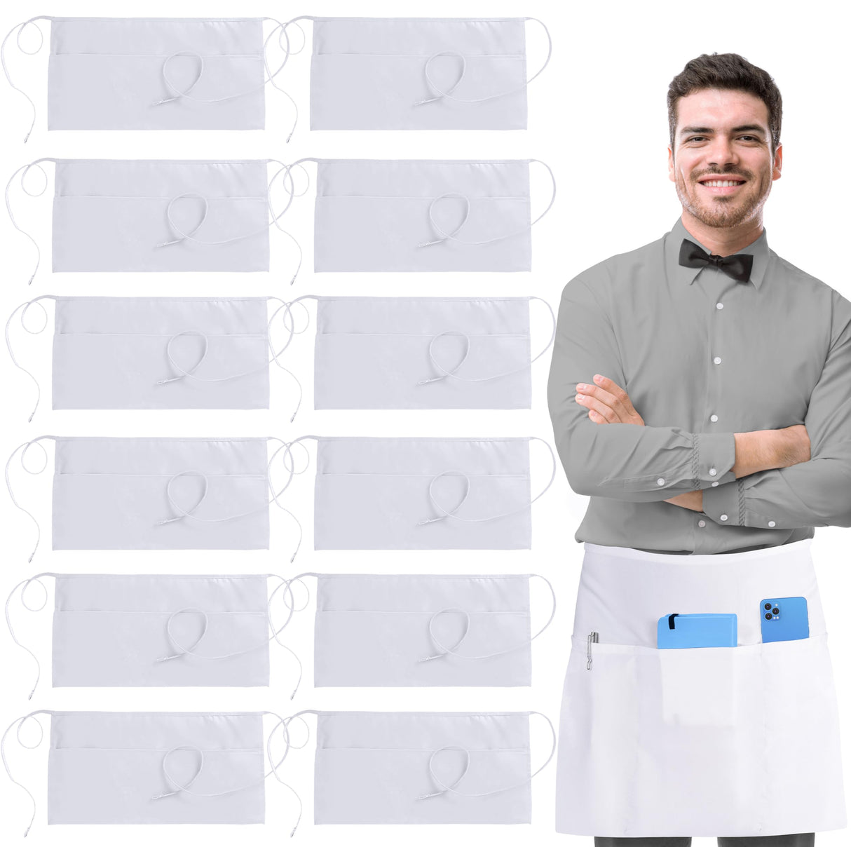 Utopia Wear 12 Pack Server Apron with 3 Pockets, Waist Apron for Waiter Waitress, 12 Inches, White Utopia Wear