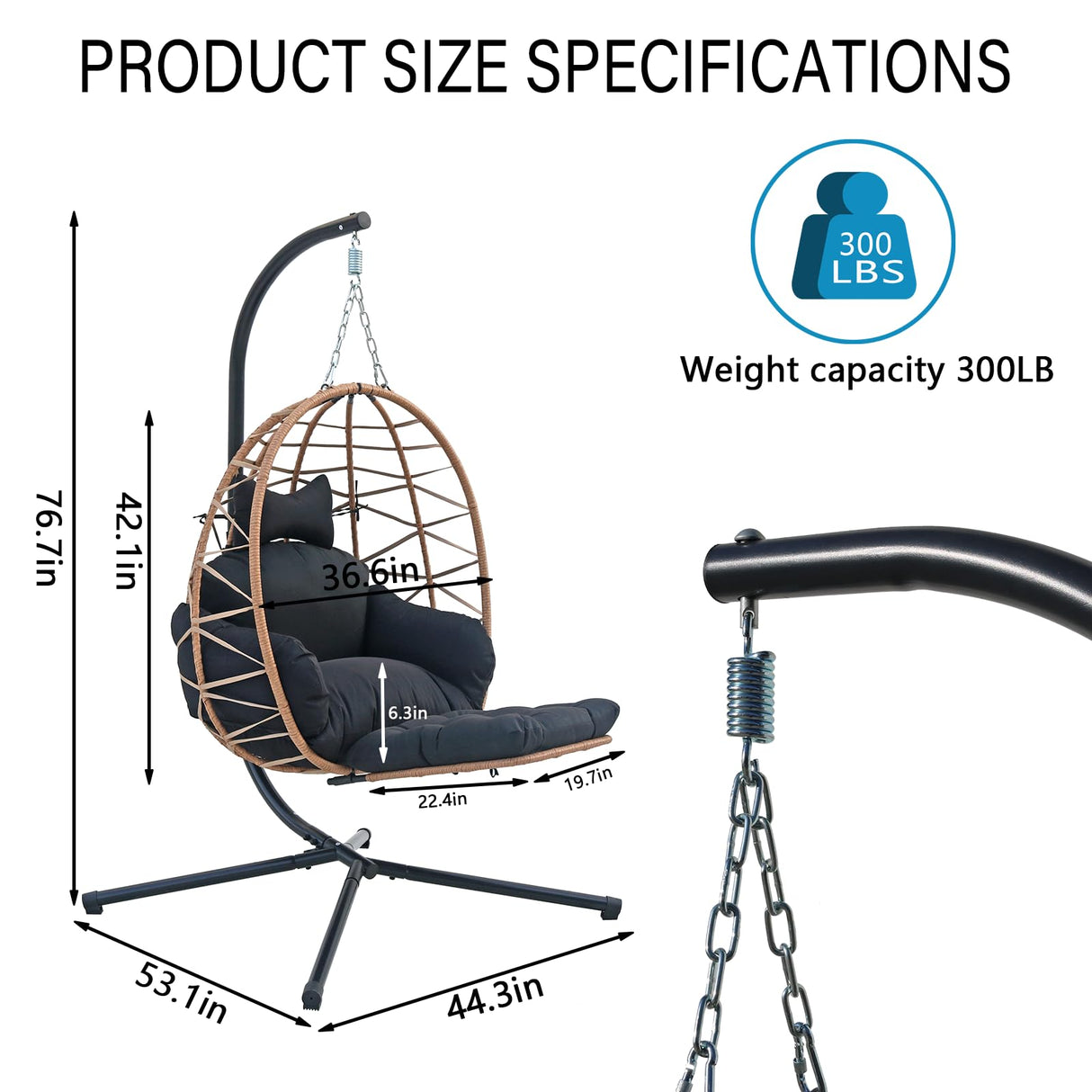 Hanging Egg Chair with Stand & Leg Rest,Rattan Wicker Swing Chair with Cushion, Patio Basket Hanging Chair Wicker Hammock Chair for Indoor Outdoor Bedroom Garden,300LBS (Yellow Rattan&Black Cushion) FKSLIFE
