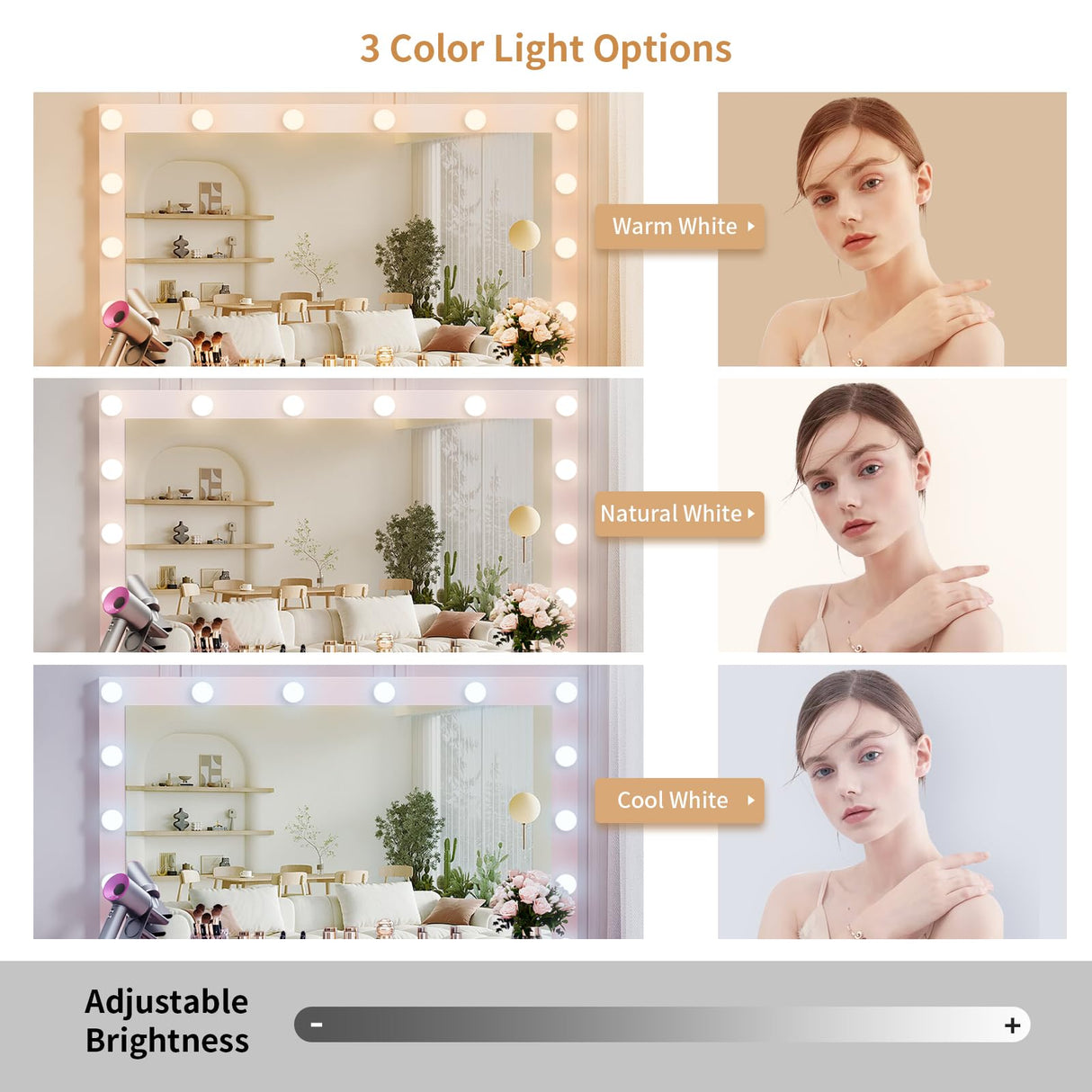 VOWNER Vanity with Lighted Mirror - Makeup Vanity Desk with Glass Top, 7 Drawers and Power Outlet, 3 Color Lighting Modes Adjustable Brightness, 44" Vanity Table with Stool for Women Girls, Pink VOWNER