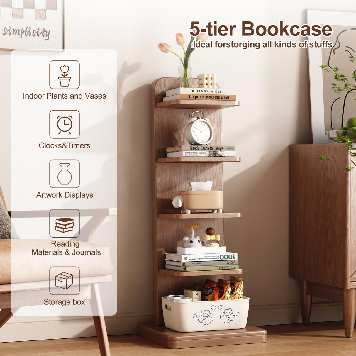 WoodsWhisper Narrow Bookshelf Ladder Bookshelf 5 Shelf Bookcase, Mid Century Modern Bookcase with Freestanding Display Shelves,Anti-tip Device and Thickened Base for Small Space,Living Room, Office WoodsWhisper