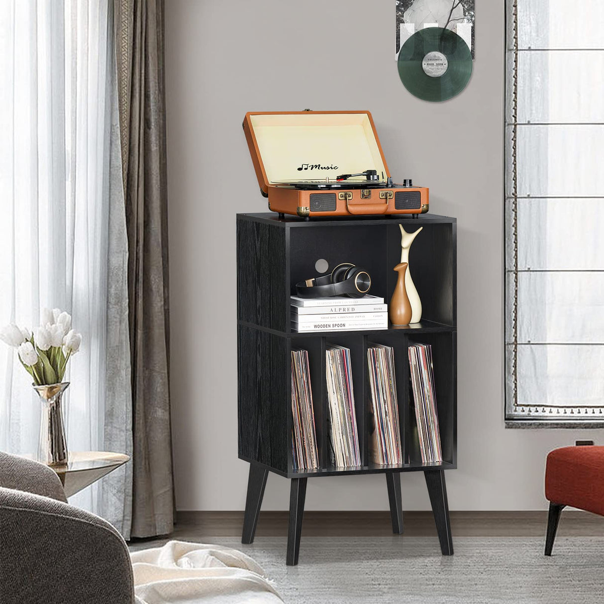 Lerliuo Record Player Stand, Black Turntable Stand Holds up to 160 Albums, Mid-Century Vinyl Storage Cabinet Table with Solid Wood Legs, Record Player Holder Dispaly Shelf for Bedroom Living Room Lerliuo