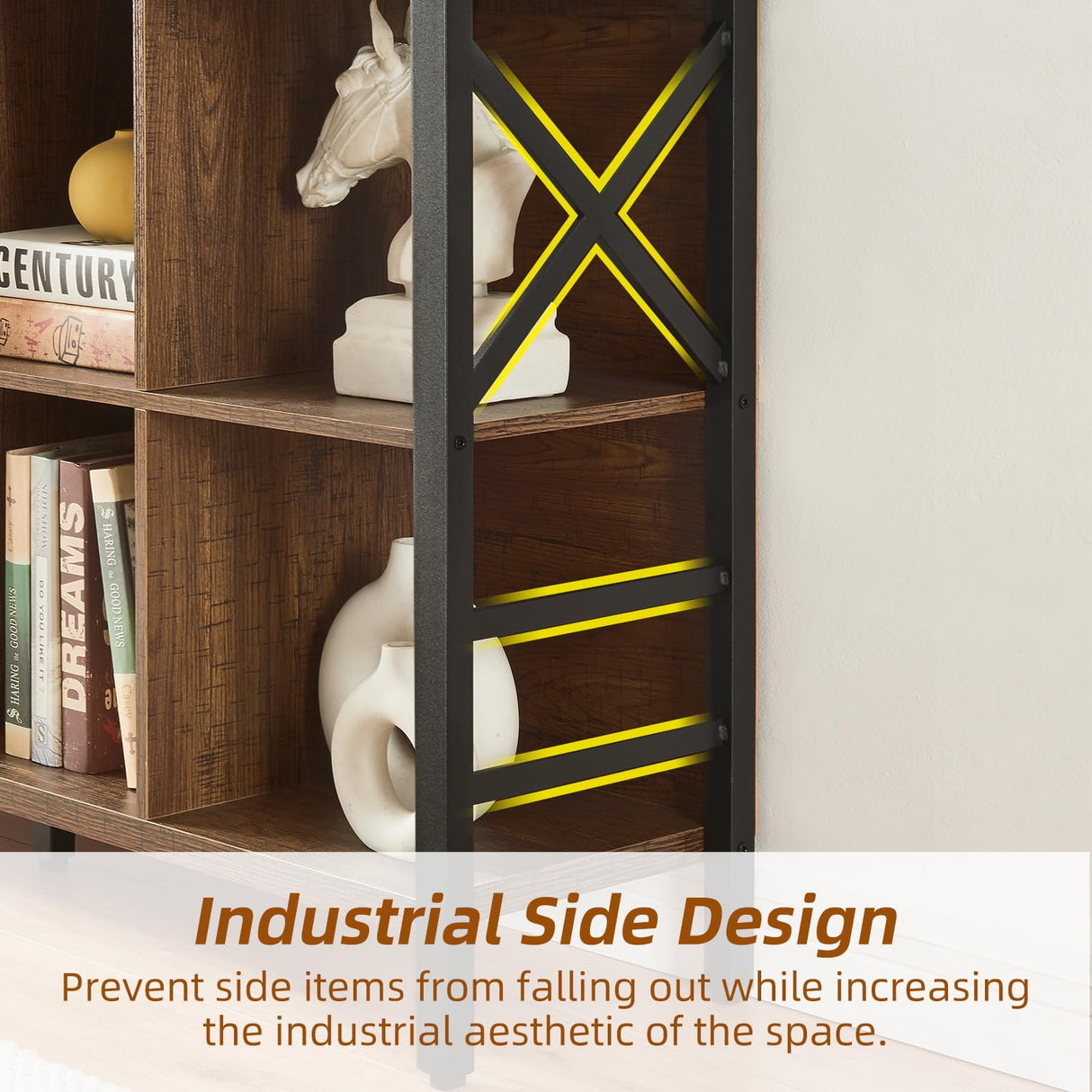 HOMBAZAAR Cube Storage Organizer Shelf, Industrial Horizontal Bookshelf with 8 Cube Storage, Rustic Low Cube Bookshelf with 3 Shelves, Short Wide Bookcase for Office,Living Room,Apartment,Brown HOMBAZAAR