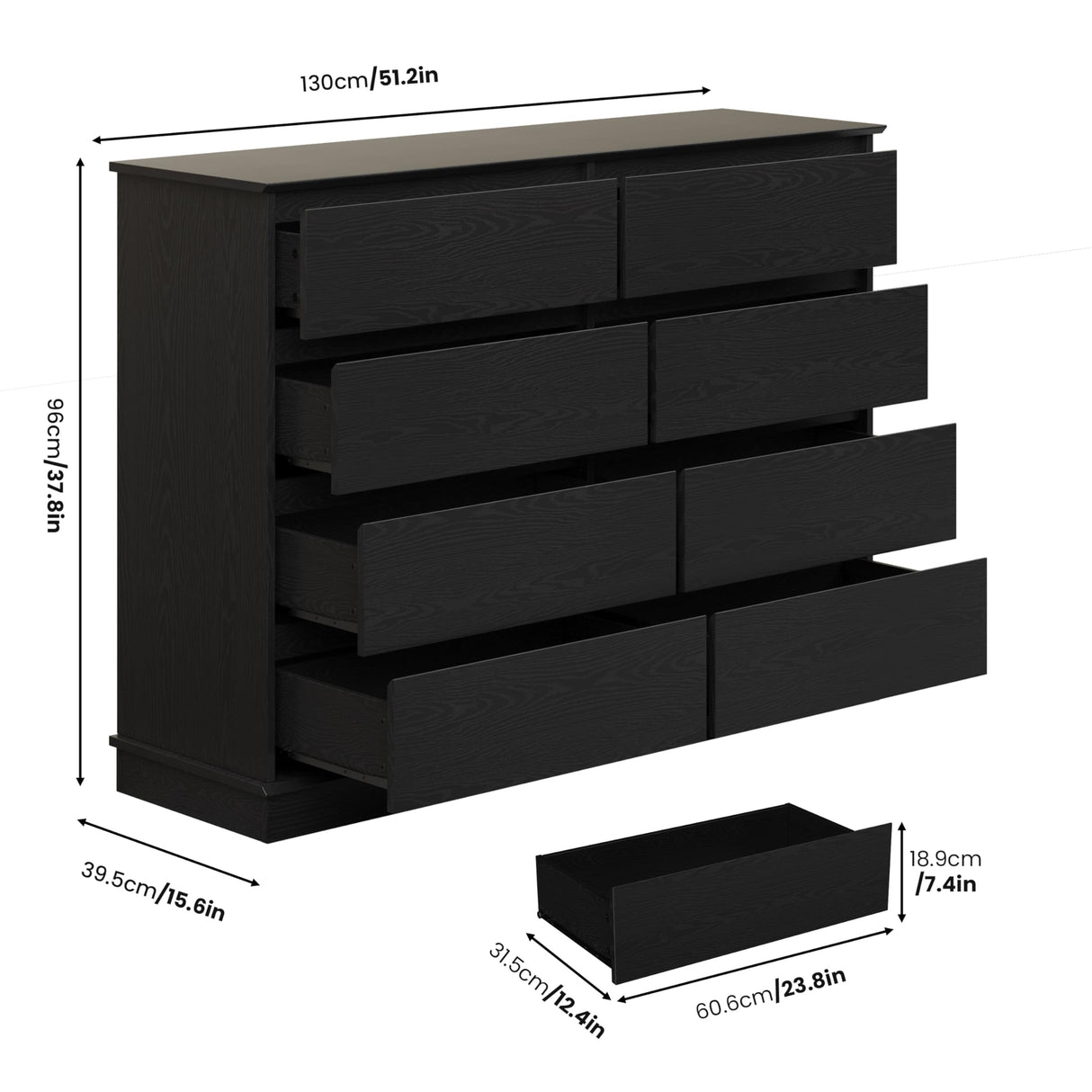 Black 8 Drawer Dressers for Bedroom, Chest of Drawers with Deep Drawers, Large Double Dresser for Closet with Wide Top, Horizontal Wooden Dresser for Living Room, Hallway, Kids Room GarveeHome