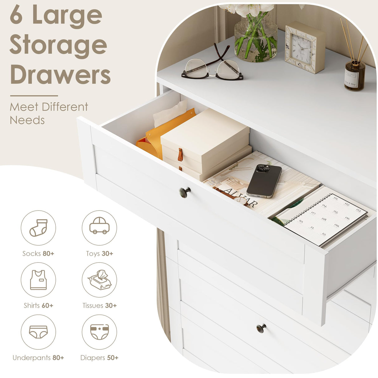 HOSTACK White 6 Drawer Dresser for Bedroom, 52" Tall Dresser & Chest of Drawers, 29" W Wood Drawer Chest, Modern Vertical Storage Cabinet for Living Room, Entryway, Hallway HOSTACK