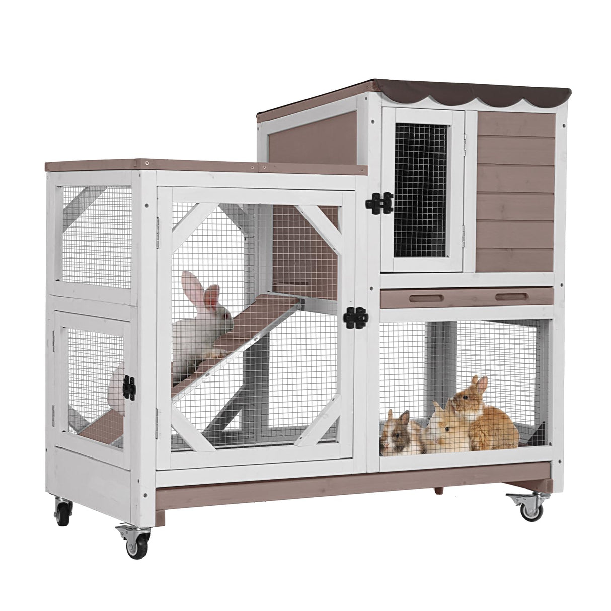 Aivituvin Rabbit Cage Indoor Outdoor Bunny Hutch on Wheels, 2 Story Wood Guinea Pig Cages with 2 Deeper Pull Out Trays Aivituvin