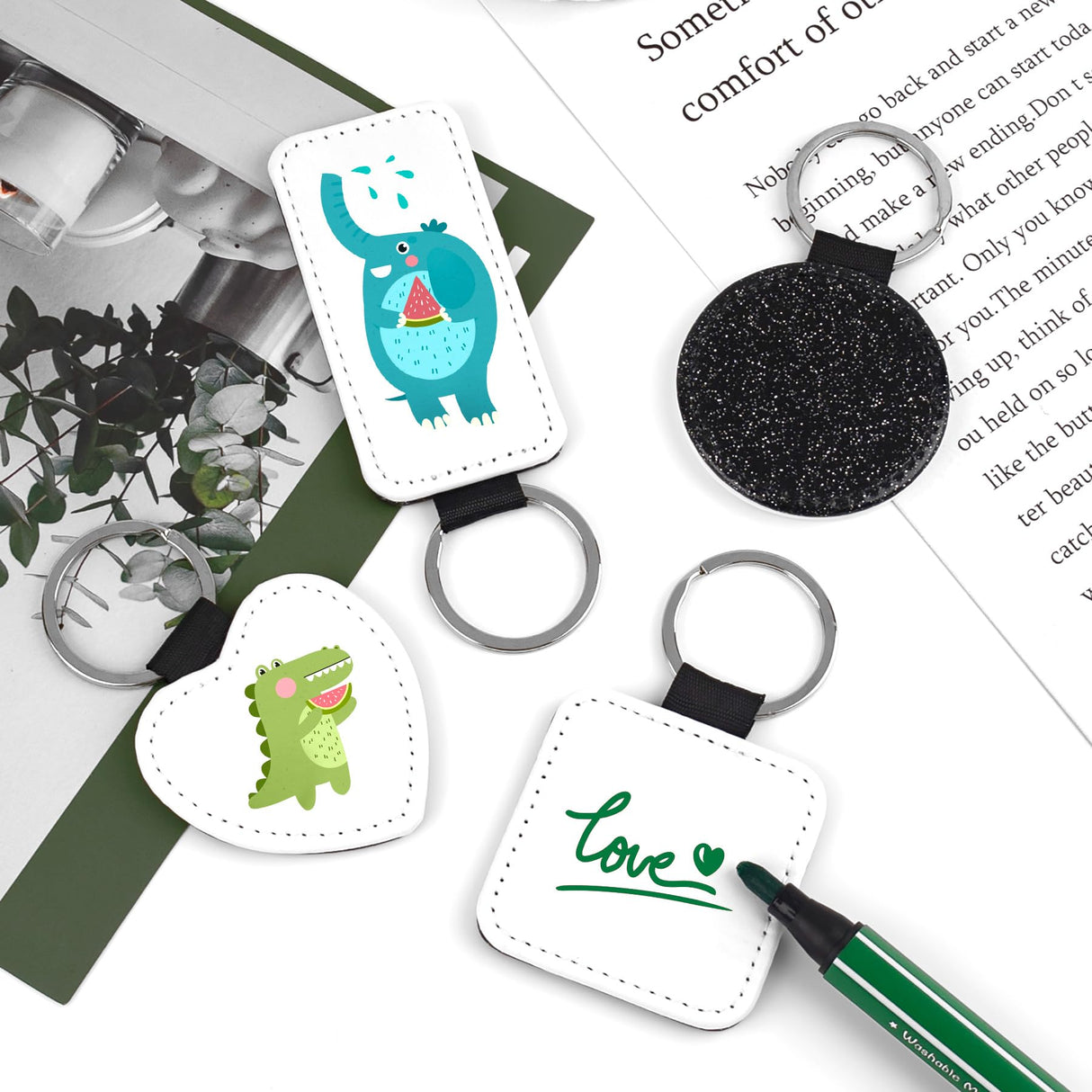 Framendino, 8 Pack Sublimation Blank Keychain Glitter PU Leather Heat Transfer Keyrings Heart Round Square Rectangle Key Chain for DIY Craft Making Framendino