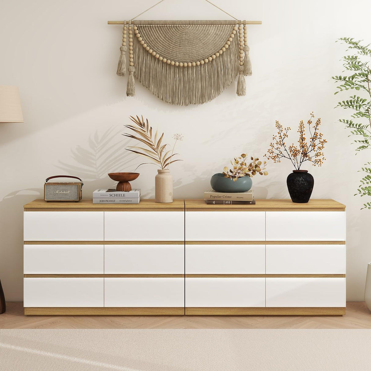 YIGOBUY 6 Drawer Double Dresser, Modern White Wood Chest of Drawers, Wide Natural Wood Dresser for Bedroom, Nursery, Living Room, Large Storage Cabinet YIGOBUY