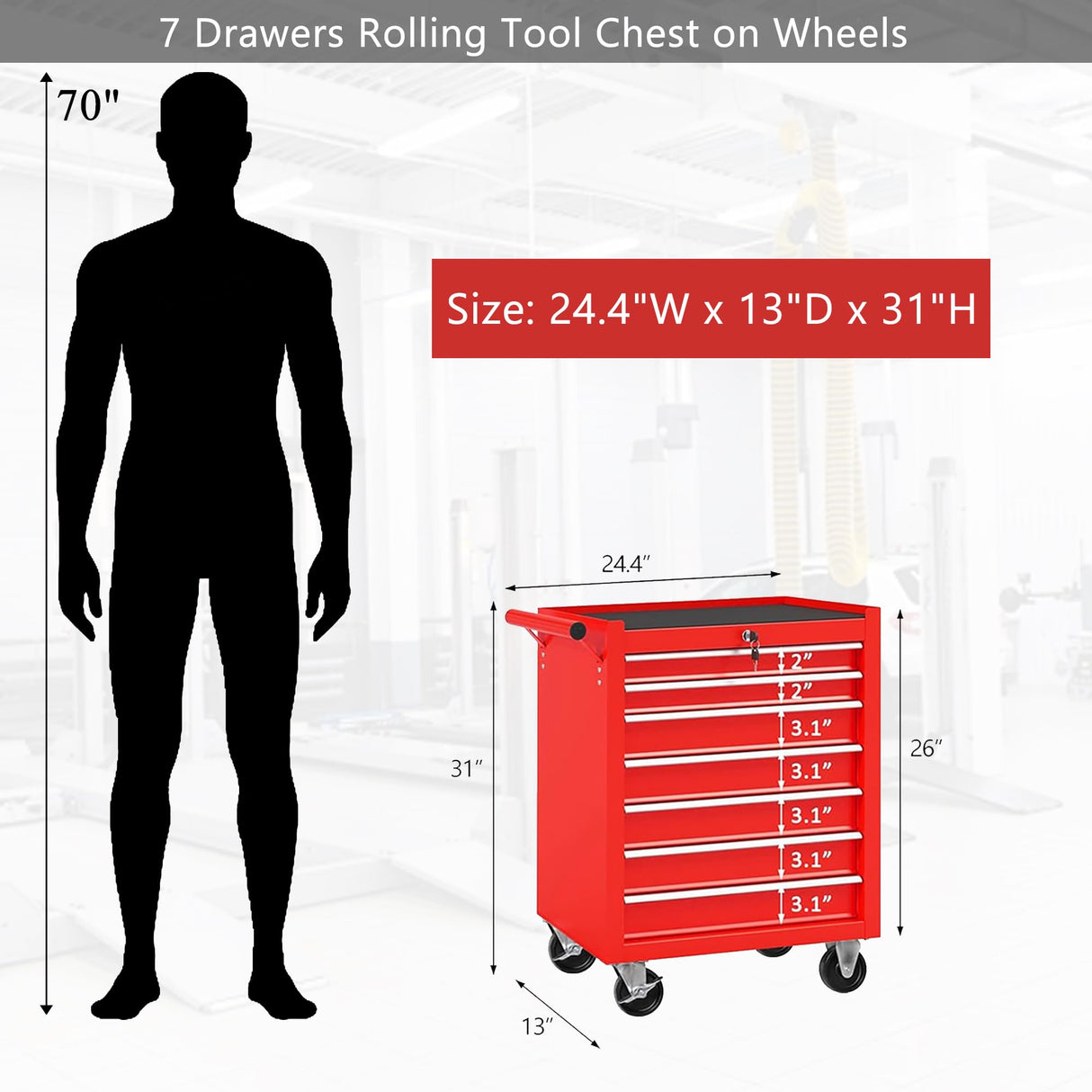 lunhung 7 Drawers Metal Rolling Tool Chest on Wheels, Tool Storage Cabinet Metal Tool Box with Lock, Multifunctional Drawers Rolling Tool Cart for Garage, Warehouse, Workshop, Repair Shop (Red) lunhung