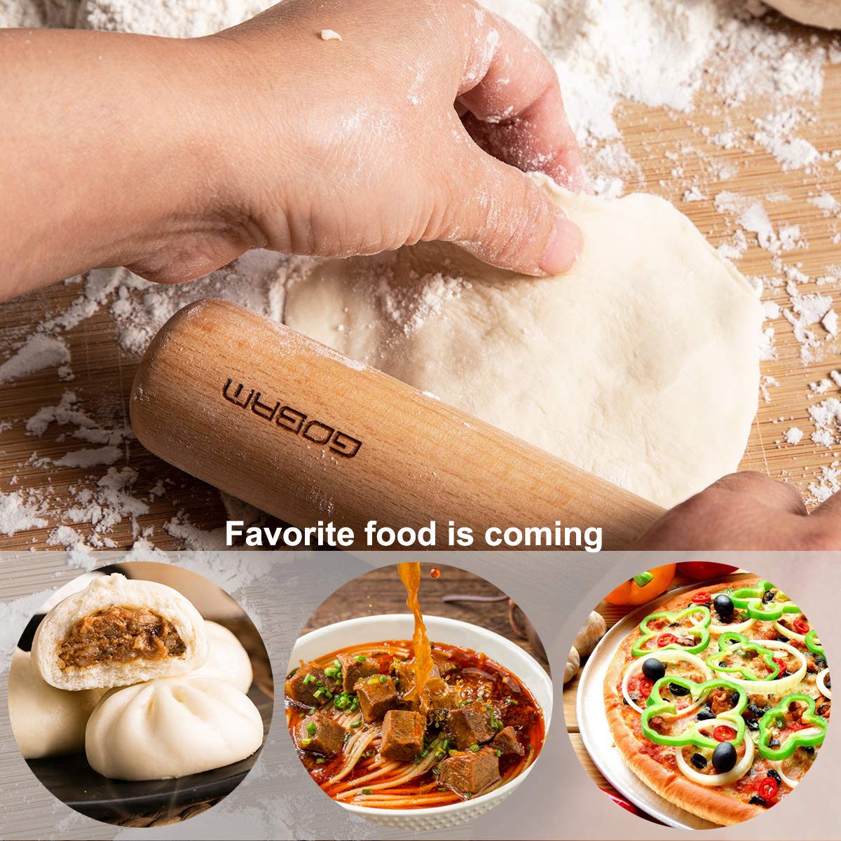GOBAM Wood Rolling Pin, Small - Dough Roller for Pasta, Cookies, Pie, Pizza, Chapati, Fondant, Rolling Pins for Baking, Bread Making Tools and Supplies - 11 x 1.38 Inches GOBAM