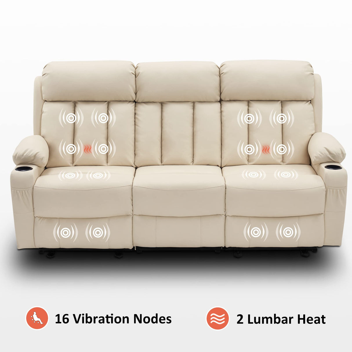 MCombo Power Reclining Sofa with Heat and Vibration,USB Ports, Cup Holders,3-Seat Dual Recliner Sofa for Living Room 6077(Cream White, Reclining Sofa) MCombo
