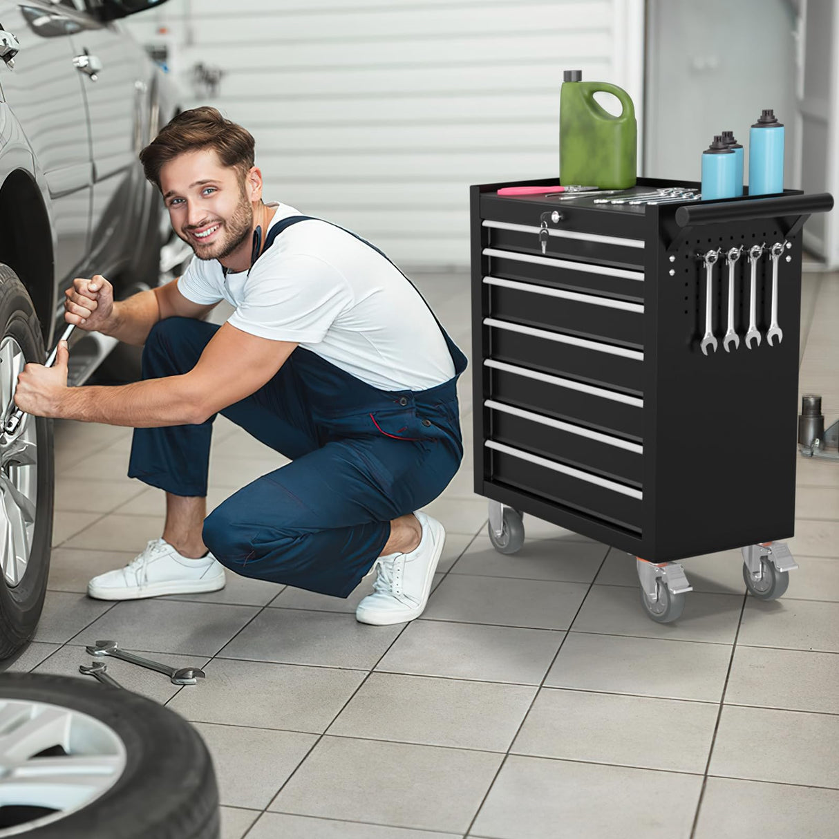 Granper High Capacity 7-Drawer Tool Chest with Wheels, Movable Rolling Tool Chest, Lockable Tool Box with Wheels, Heavy Duty Tool Cabinet for Workshop, Garage, Mechanics and Repair Room (Black) Granper