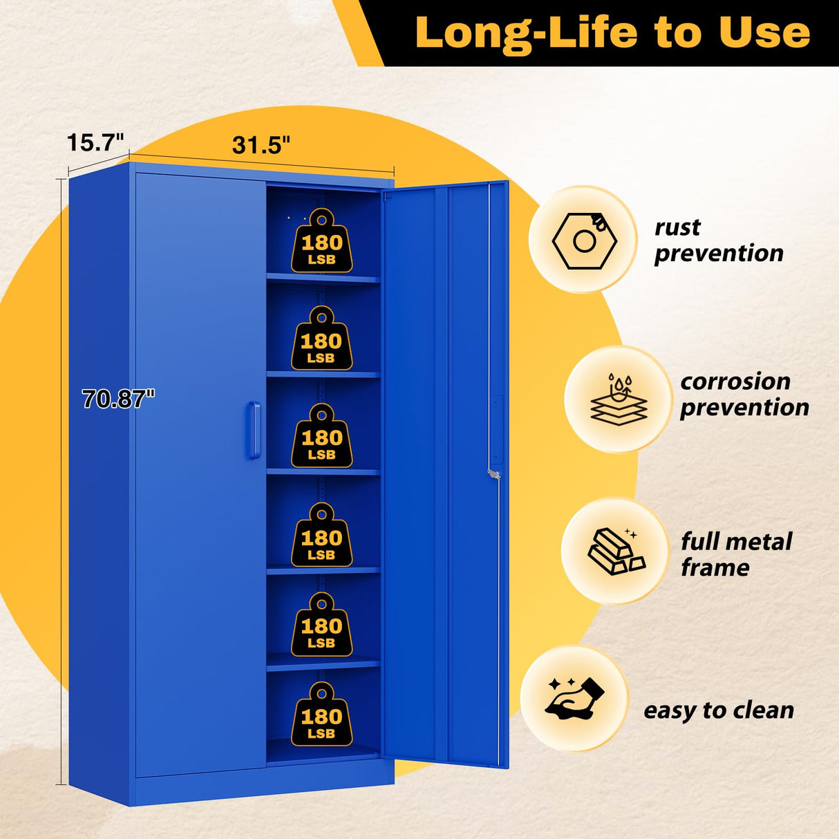 ZAOUS Metal Storage Cabinet with Lock,71'' Garage Storage Cabinet with 5 Adjustable Shelves, Tall Tool Cabinets for Garage, Home, Office, Gym, School, Blue ZAOUS