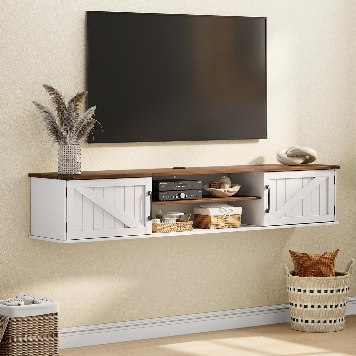 Floating TV Stand with Doors, 63'' Farmhouse Floating TV Shelf for TVs up to 80 Inch, 2 Tier Wall Mounted TV Stand, Floating Entertainment Center, TV Floating Cabinet for Living Room, Bedroom, White ALLSTAND